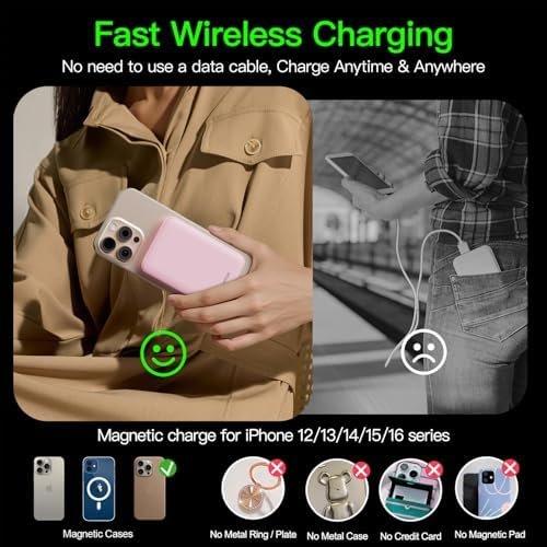 2025 Magnetic 15W Power Bank for iPhone,5000mAh Magsafe Battery Pack with 20w Fast Charging,Slim Magsafe Power Bank in&Out,with LED Display,Wireless Portable Charger for iPhone17/16/15/14/13/12 Series - Image 5