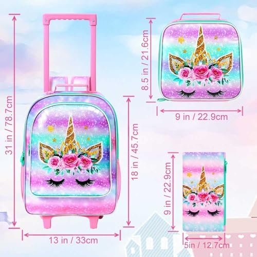 WZLVO 4PCS Girls Unicorn Rolling Backpack - Cute Wheeled School Set with Lunch Box,Water Resistant Roller School Backpack on Wheels for Elementary Kids Travel - Image 4