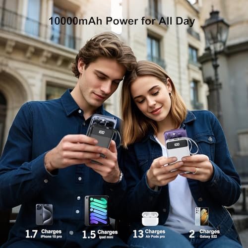 Portable Charger 10000mAh Power Bank with Built-in Cable, 5 Output 2 Input Travel Essential External Battery Pack with LED Display Compatible with iPhone 17/16/15/14 Samsung Android, etc - Image 6