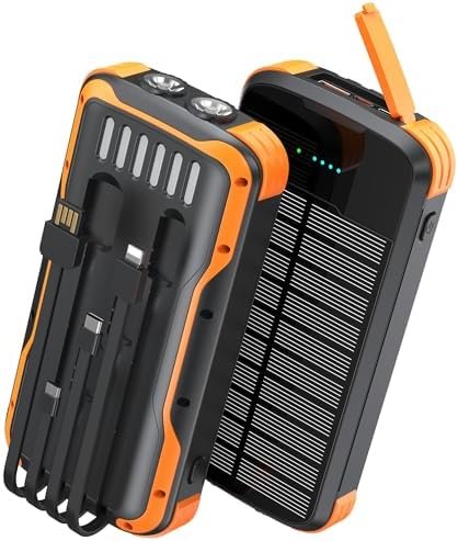 Solar Charger Power Bank, PD 20W Fast Charging External Batter, 40000mAh Portable Phone Charger Built in 4 Cables with Dual Bright Flashlights for Camping, Hiking, and Outdoor Use
