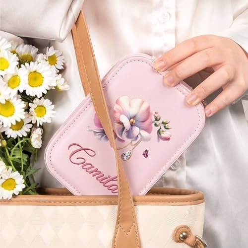 CALLIE Personalized Travel Jewelry Box for Women, Retro Gemstone Birth Flower PU Leather Jewelry Organizer Case with Name and LED Mirror, Valentine’s Day Birthday Gifts for Mom Sister Daughter Wife - Image 4