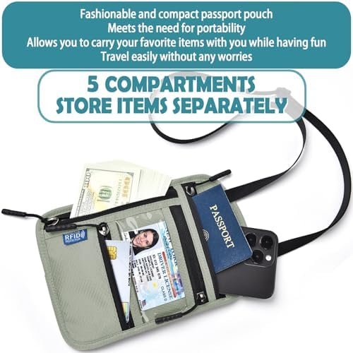 RFID Blocking Travel Neck Wallet–Hidden Passport Holder & Anti-Theft Money Pouch for Men & Women, Lightweight Concealed Travel Organizer with Adjustable Strap Secure Document (Grey Green) - Image 4