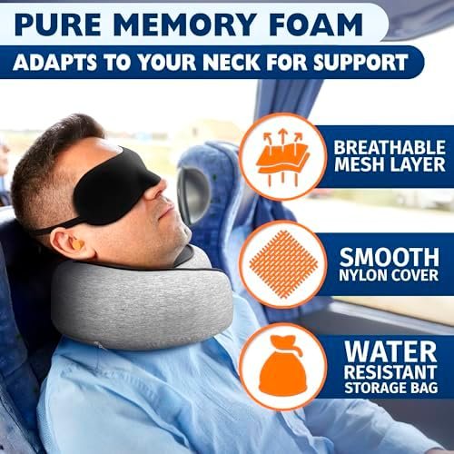 Traveling Neck Pillow – 4-in-1 Set | Adjustable Memory Foam Airline Pillows for Sleeping on Long Flights, Earplugs, Eye Mask, & Cover | Washable Cotton Cover, Hook-and-Loop Closure – Car and Train Use - Image 3