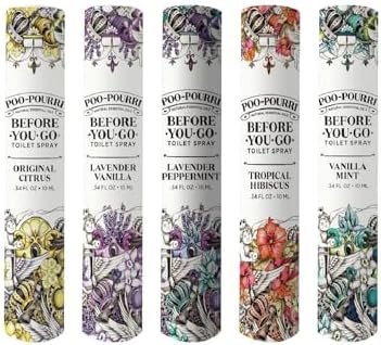 Poo-Pourri Before-You-Go Toilet Spray, Travel Essentials, .34 Fl Oz, In A Pinch Variety 5 Pack, Each Up to 20 Uses, On-The-Go Bathroom Odor Deodorizer with Essential Oils, TSA Approved Size, 5 Scents