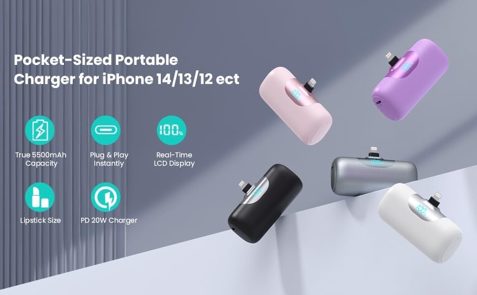 Mini Portable Charger for iPhone,Upgraded 22.5W PD Fast Charging 5500mAh Ultra-Compact Power Bank,LCD Display Plug-in Cute Battery Pack Travel Essentials for iPhone 14/14Pro/13/12/11/X/8/7/6 (Black) - Image 9