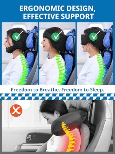 Travel Pillow Combo with Chin Strap, Airplane Pillows with 3D Eye Mask for Sleeping, 360° Support Plane Head Strap for All Plane Seats, Long Flights Essentials, Stop Bobblehead, Black - Image 6