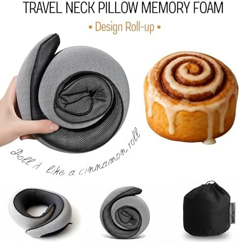 Travel Pillow for Airplane,Ergonomic Neck Support Memory Foam Scarf Pillows, Design Like a Cinnamon Roll, Soft & Comfy for Travel, Car, Train & Office, Adults & Kids, Includes 3D Eye Mask & Pill Case - Image 4