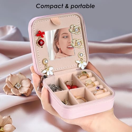 HABGP Small Jewelry Box with Mirror, Travel Jewelry Case for Women, Portable Jewelry Organizer PU Leather Jewelry Storage for Her Girls Daughter Mom, jewelry box for Earring, Necklace,Rings, Bracelets - Image 4