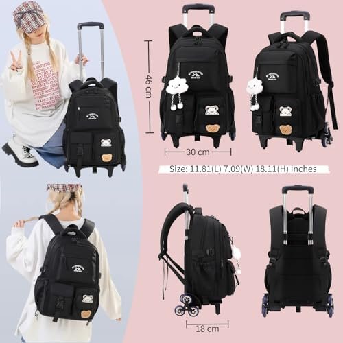 Girls Boys Rolling Backpack with Wheels, Girls Backpack with Wheels for School, Kids Carry-on Luggage Wheeled School Bag Roller Trolley Bookbag, White - Image 2