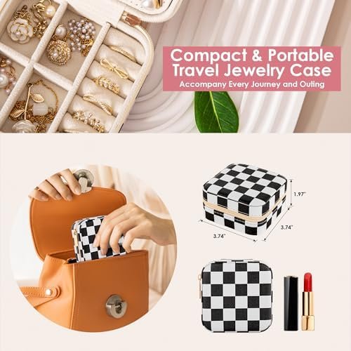 Checkered Travel Jewelry Case, Classic Retro Small Jewelry Box for Women Girl, Trendy Birthday Gradution Gift - Image 4