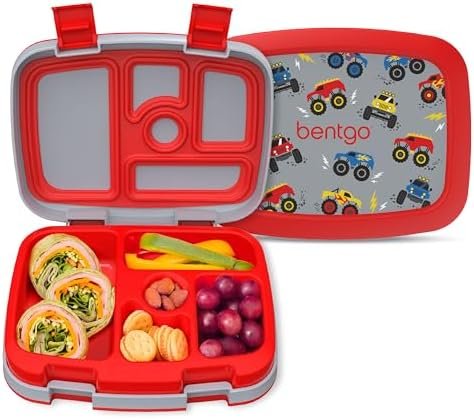 Bentgo Kids Prints Leak-Proof, 5-Compartment Bento-Style Kids Lunch Box - Ideal Portion Sizes for Ages 3-7, Durable, Drop-Proof, Dishwasher Safe, & PFAS & BPA-Free Materials (Trucks)