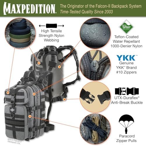 MAXPEDITION Falcon-II Backpack (Wolf Gray) 23L Tactical Backpack, Survival Pack, Bug Out Bag, MOLLE Compatible Go Bag Optimized for EDC & Military, 0513W - Image 4
