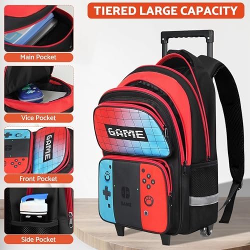 Boys Rolling Backpack for Kids - Gamer Kids Rolling Backpack with Wheels for Elementary Middle School - Roller School Bookbag,HFHTDC Wheeled Travel Bag for Boys Aged 6-18 - Image 4