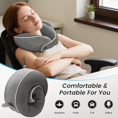 Travel Neck Pillow, Airplane Pillow with Eye Mask, Earplugs and Storage Box, Memory Foam Neck Travel Pillow for Airplanes, Offices and Cars, Breathable, Detachable (Adult, Grey) - Image 2
