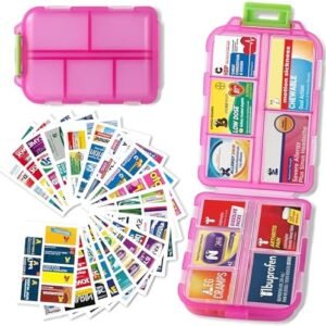 Pill Organizer with Medicine Labels Travel Daily Pill Container Mini Medication Organizer Storage Pill Organizer Travel Essentials Pill Case 7 Day (Pink & 161 Lables)