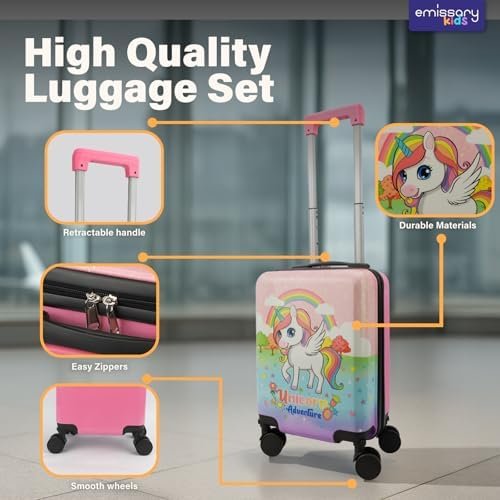 emissary 7pcs Unicorn Girl’s Luggage Set with wheels – Rolling Luggage, Backpack, Eye Mask, Toiletry Bag, Suitcase Tag, Neck Pillow & Water Bottle – Carry Luggage for Kids & Girls with Wheels - Image 4