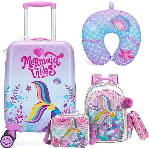 Cute Pink Mermaid Kid’s Luggage Set 5 Piece Suitcase Set 16’’ Hardside Luggage with Spinner Wheels Girls Boys Carry on Toddler Luggage Travel Rolling Luggage Carry on Luggage Airline Approved