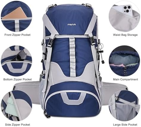 MOSISO 50L Hiking Backpack, Waterproof Camping Backpack with Rain Cover for Men Women, Lightweight Sport Daypack for Outdoor Camping Travel, Navy Blue - Image 4