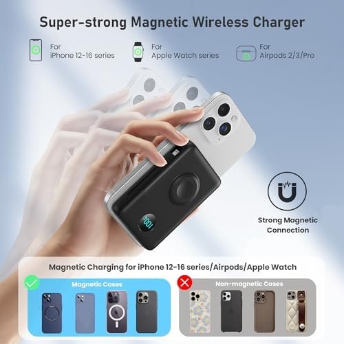 Magnetic Portable Charger for MagSafe with Built-in Cable, iWatch Charger,10800mAh Wireless Power Bank Travel Essentials,25W PD Fast Charging Battery Pack for iPhone 17/16/15/14/13 Series,Apple Watch - Image 5