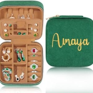 Amaya Travel Jewelry Case & Organizer For Mothers Day, Anniversary, Christmas - Green Name Box For Women's Bestie with Mirror & Mirror