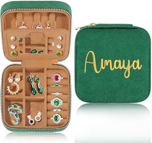 Amaya Travel Jewelry Case & Organizer For Mothers Day, Anniversary, Christmas - Green Name Box For Women's Bestie with Mirror & Mirror