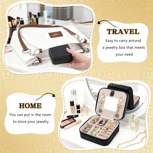 Travel Jewelry Case and Organizer with Mirror,Portable Mini Storage Box for Rings, Earrings, Necklaces, Gift for Mother Mom, Girl, Daughter, Sisters, Bridesmaids, Mother's Day Gift（Black） - Image 6