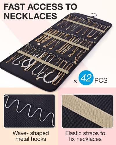 BAGSMART Hanging Jewelry Organizer Storage Roll with Hanger Metal Hooks Double-Sided Jewelry Holder for Earrings, Necklaces, Rings on Closet, Wall, Door, 1 piece, Large, Black - Image 2