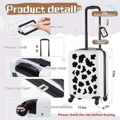 Redbaker 17 Inch 6 Pcs Kids Luggage Set Kids Rolling Luggage Double Pattern Suitcase for Boys Girls (Black and White, Cow Style) - Image 2