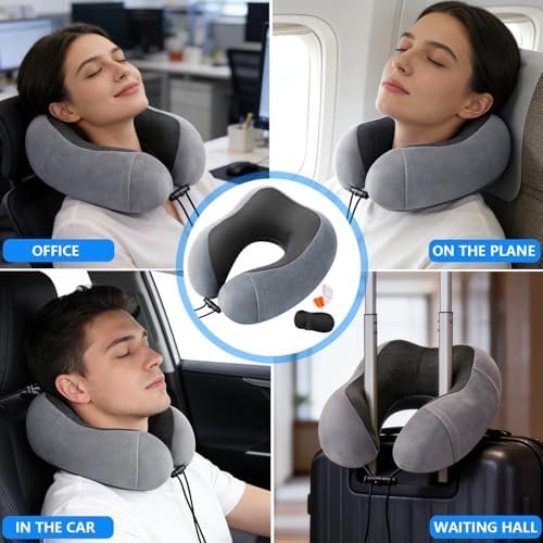 Memory Foam Travel Neck Pillow for Airplane - Ergonomic Support with Adjustable Buckle, Eye Mask & Ear Plugs Included, Machine Washable Cover for Long Flights, Car Rides & Office Use - Image 4