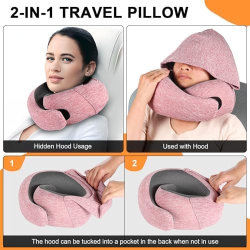 Travel Pillow - Hooded Neck Pillow Airplane Memory Foam Filling for Plane, Office, Cars Sleeping, Road Trip, Long Flights, Portable Plane Accessories, Includes Eye Mask & Earplugs (Red) - Image 2