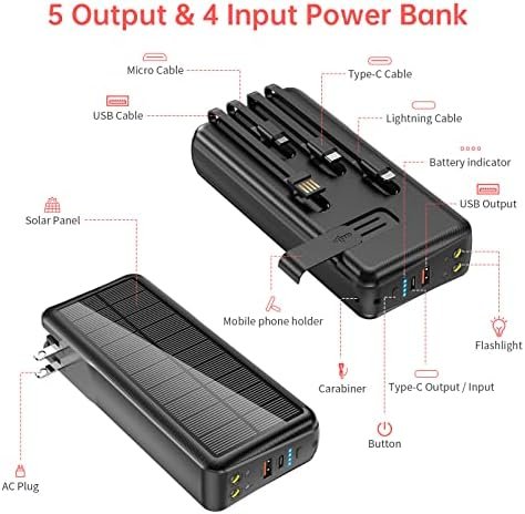 Portable Charger with Built in Cable and Wall Plug 50000mAh PD30W Fast Charging Solar Power Bank with 5 Output & 2 Input Dual LED Flashlights Phone Holder External Battery Pack (Black) - Image 6