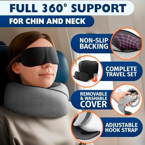 Traveling Neck Pillow – 4-in-1 Set | Adjustable Memory Foam Airline Pillows for Sleeping on Long Flights, Earplugs, Eye Mask, & Cover | Washable Cotton Cover, Hook-and-Loop Closure – Car and Train Use - Image 4