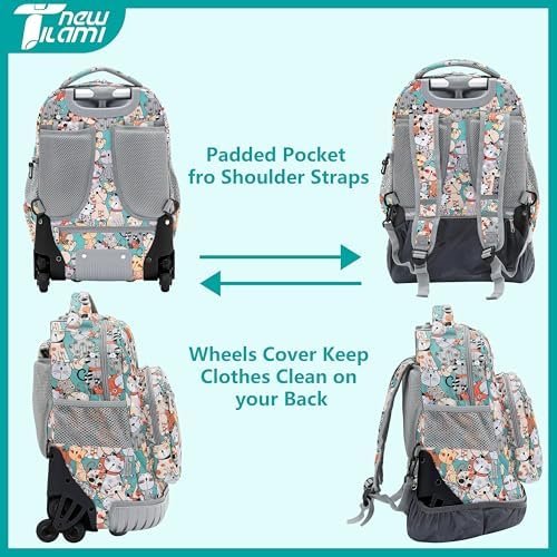 NEW TILAMI 16 Inch Rolling Backpack with Lunch Bag for Kids Adjustable Handle Carry-on Suitcase Wheels for Girls Boys School Travel Camping, Teal Cat Print - Image 9