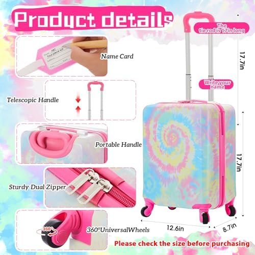 Redbaker 17 Inch 6 Pcs Kids Luggage Set Kids Rolling Luggage Double Pattern Suitcase for Boys Girls (Pink and Purple, Tie-dye Style) - Image 2