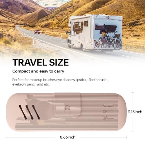 Travel Makeup Brush Holder，Travel Essentials makeup brush case，Silicone Make Up Organizer Bag Purse（Pink+Khaki） - Image 6