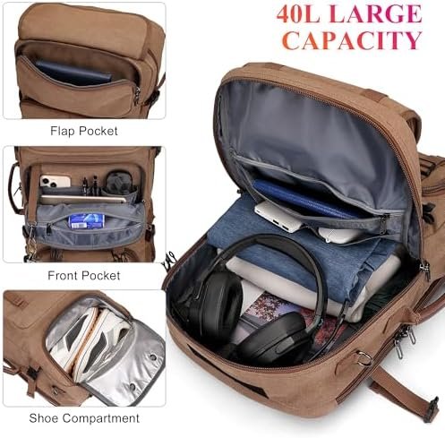 WITZMAN Travel Backpack for Men 40L Large Carry-on Airline Approved Convertible 3 in 1 laptop Bags Fit 17 inch(A8013 Brown) - Image 3