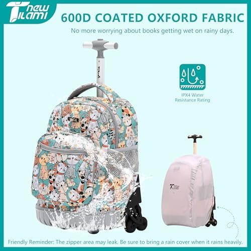 NEW TILAMI 16 Inch Rolling Backpack with Lunch Bag for Kids Adjustable Handle Carry-on Suitcase Wheels for Girls Boys School Travel Camping, Teal Cat Print - Image 7