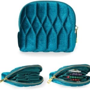 Small Travel Jewelry Case, Mini Travel Jewelry Bag with Zipper, 5-Layer Velvet Organizer Pouch for Bracelet Rings Earrings - Diamond Stitched Velvet Teal Blue