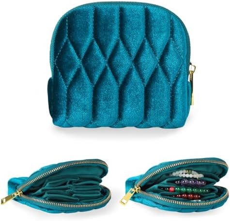Small Travel Jewelry Case, Mini Travel Jewelry Bag with Zipper, 5-Layer Velvet Organizer Pouch for Bracelet Rings Earrings - Diamond Stitched Velvet Teal Blue