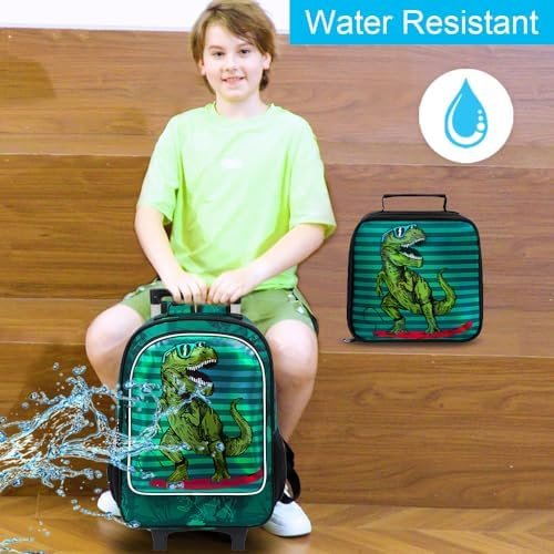 gxtvo Rolling Backpack for Boys, Roller Bookbag With Wheels - Wheeled Elementary School Bag - 3PCS Dinosaur - Image 3