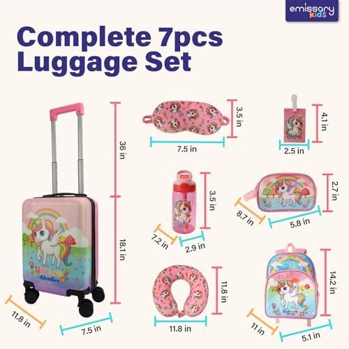 emissary 7pcs Unicorn Girl’s Luggage Set with wheels – Rolling Luggage, Backpack, Eye Mask, Toiletry Bag, Suitcase Tag, Neck Pillow & Water Bottle – Carry Luggage for Kids & Girls with Wheels - Image 3