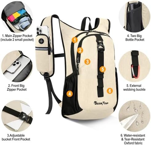 Seektop 15L Small Hiking Backpack for Women Men, Lightweight Hiking Packable Daypack with Phone Pocket for Travel Camping (Beige, 15L) - Image 2