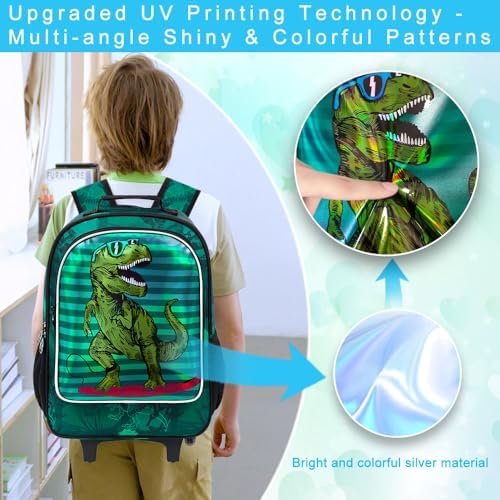 gxtvo Rolling Backpack for Boys, Roller Bookbag With Wheels - Wheeled Elementary School Bag - 3PCS Dinosaur - Image 7