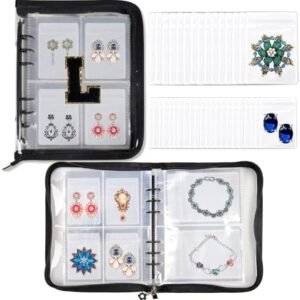 ChezMax Travel Jewelry Case - Earring Necklace Bracelet Organizer with 128 Pockets, Initial Jewelry Storage Book, Portable Jewelry Travel Case with PVC Pouches, Personalized Gifts for Women, L