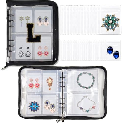 ChezMax Travel Jewelry Case - Earring Necklace Bracelet Organizer with 128 Pockets, Initial Jewelry Storage Book, Portable Jewelry Travel Case with PVC Pouches, Personalized Gifts for Women, L