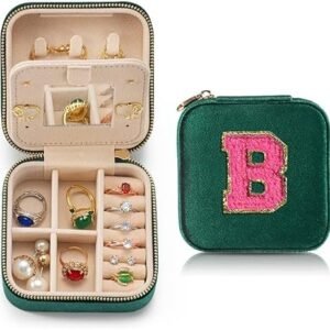 Personalized Velvet Travel Jewelry Case Box For Women Ring Necklace Earring Holder Organizer with Mirror Green Girls Box Birthday Gifts Mom Initial B