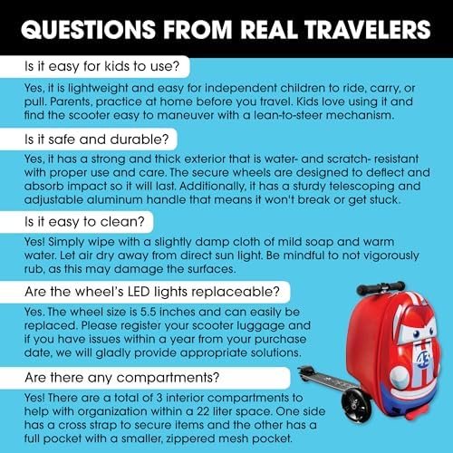 Kiddietotes 3-D Hardside Scooter Ride On Suitcase for Kids - Cute Lightweight Kids Luggage with Wheels - Fun LED Lights - Image 7
