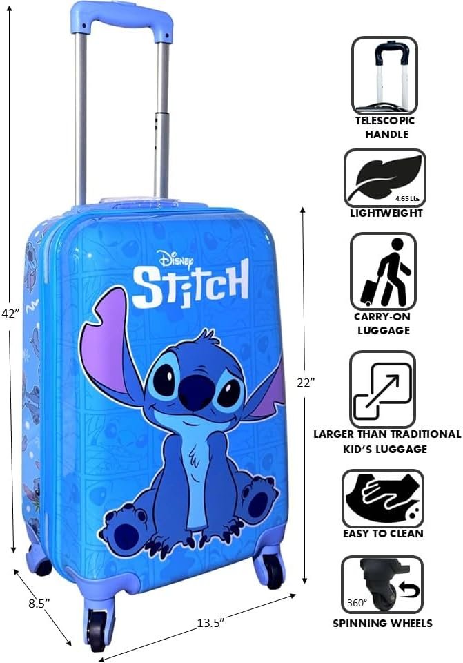 Fast Forward Kids Licensed Hard-Side 21” Spinner Luggage Lightweight Carry-On Suitcase (Stitch I) - Image 4