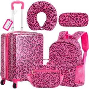 Redbaker 17 Inch 6 Pcs Kids Luggage Set Kids Rolling Luggage Double Pattern Suitcase for Boys Girls (Hot Pink, Leopard Print Style)