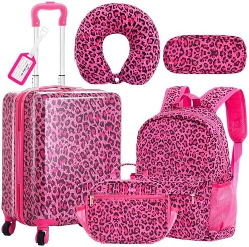 Redbaker 17 Inch 6 Pcs Kids Luggage Set Kids Rolling Luggage Double Pattern Suitcase for Boys Girls (Hot Pink, Leopard Print Style)